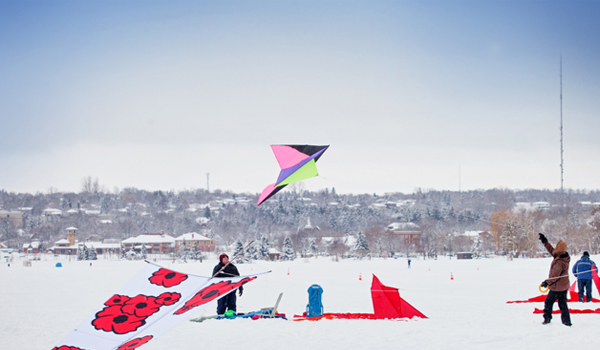 people flying kites on kempenfelt bay